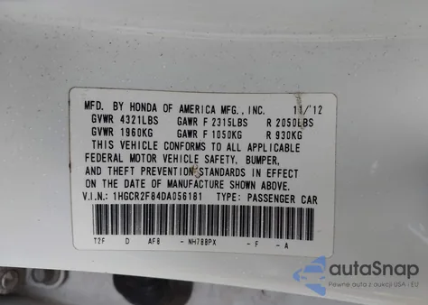 2013 Honda Accord Ex-L z USA, uszkodzony, nr VIN 1HGCR2F84DA056181